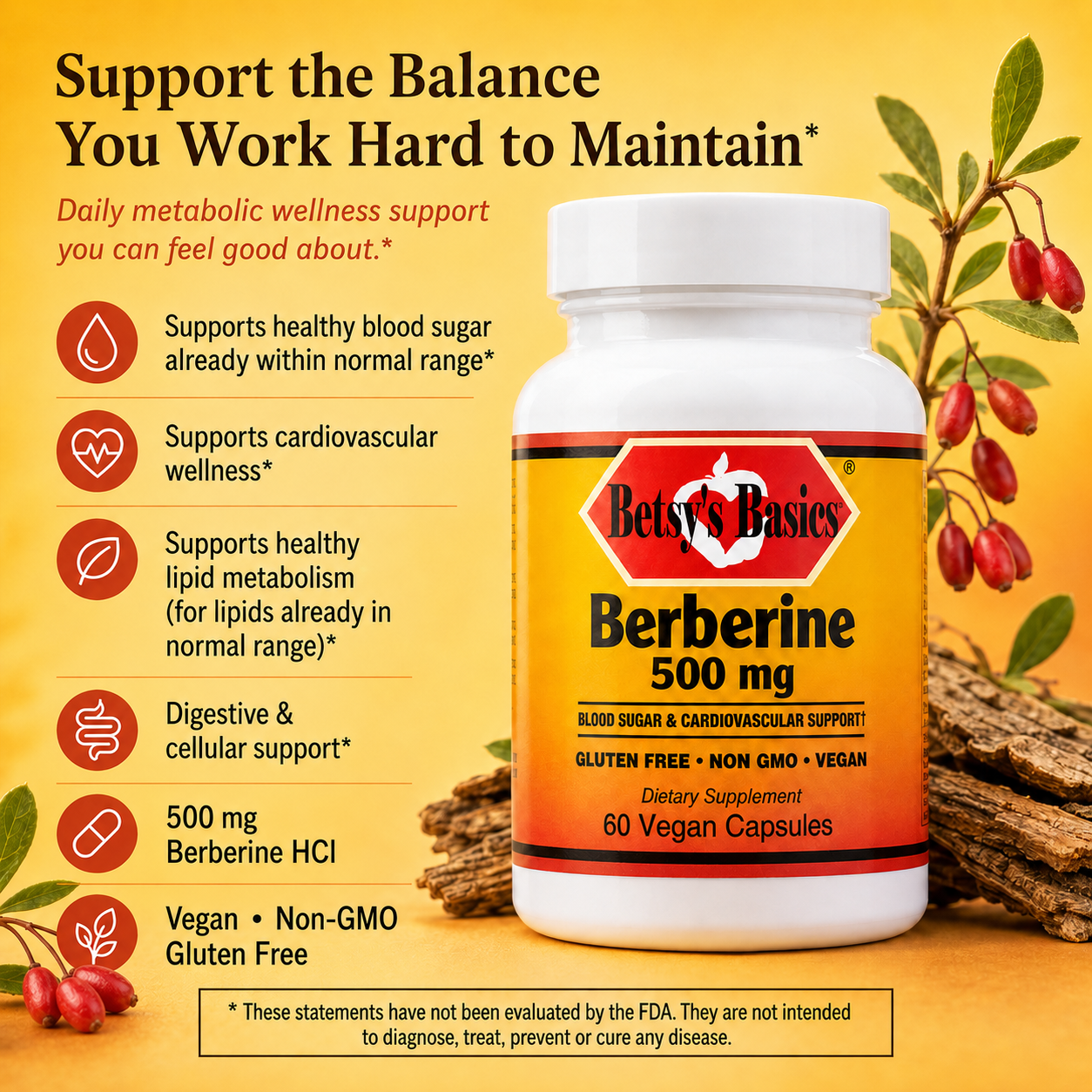 Betsy's Basics Berberine 500 mg dietary supplement bottle on a warm yellow background with product benefits listed on the left and botanical illustrations on the right.