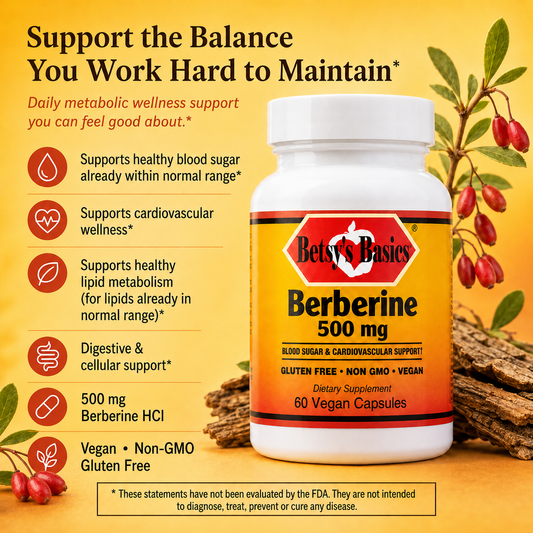 Betsy's Basics Berberine 500 mg dietary supplement bottle on a warm yellow background with product benefits listed on the left and botanical illustrations on the right.