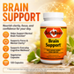 Betsys Basics bottle of Brain Support on yellow background with greenery and flowers and key selling points