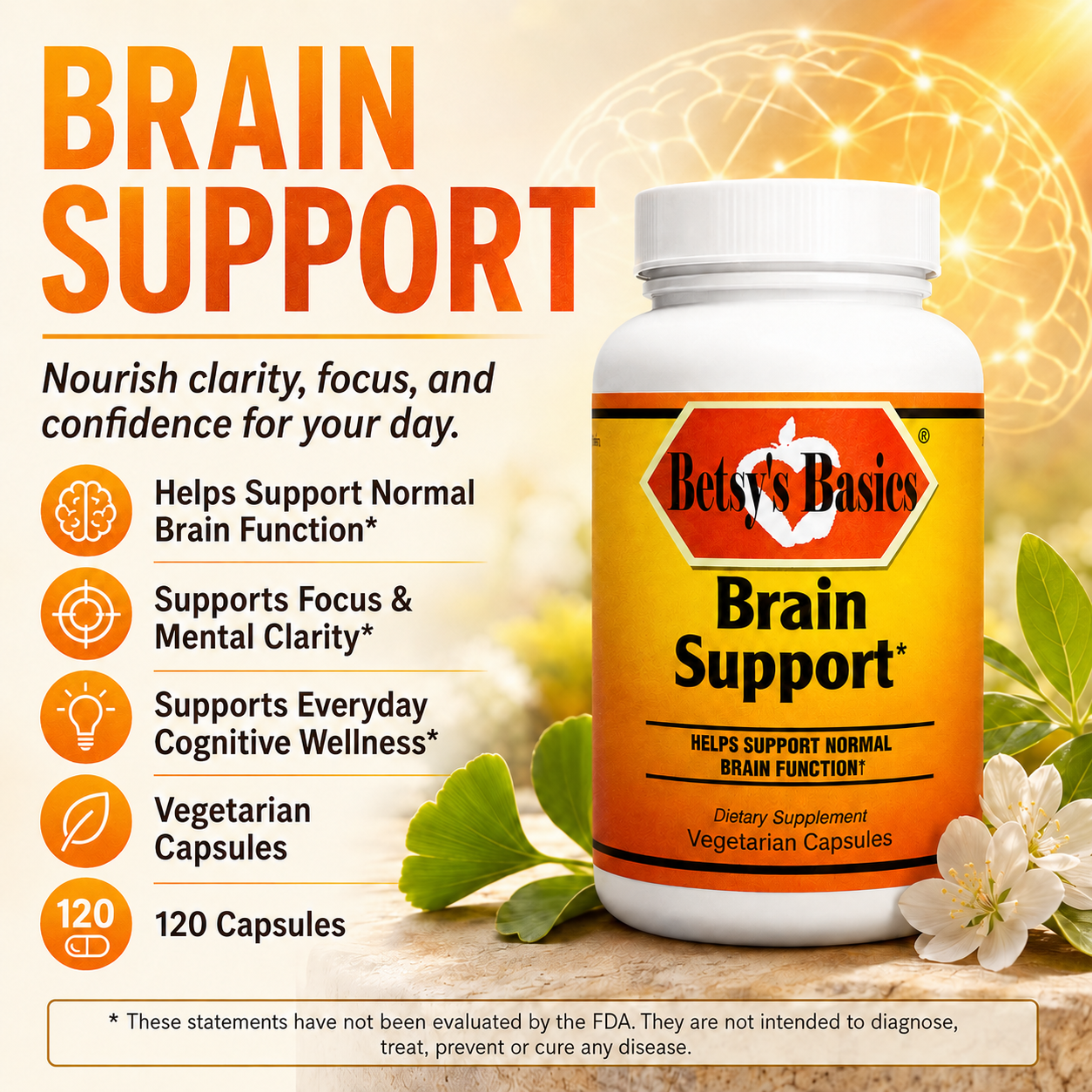 Betsys Basics bottle of Brain Support on yellow background with greenery and flowers and key selling points