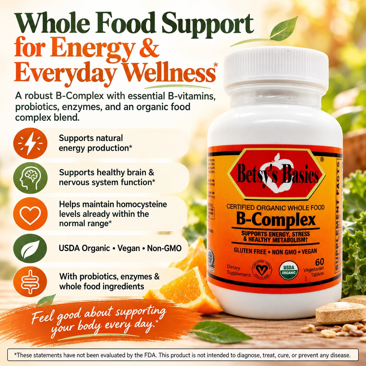 Betsy's Basics B-Complex dietary supplement bottle shown on a promotional graphic with food imagery, text callouts, and a white bottle with an orange-and-black label.