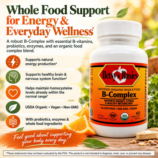 Betsy's Basics B-Complex dietary supplement bottle shown on a promotional graphic with food imagery, text callouts, and a white bottle with an orange-and-black label.