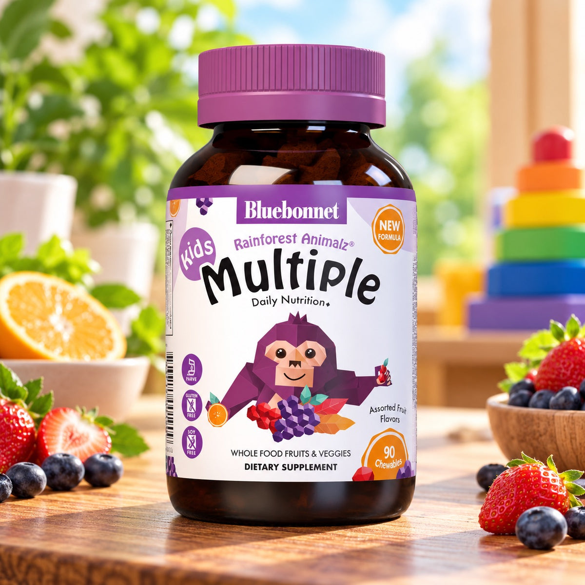 SUPER EARTH RAINFOREST ANIMALZ WHOLE FOOD BASED MULTIPLE ANIMALZ-SHAPED 90 CHEWABLE TAB NATURAL GRAPE FLAVOR BY BLUEBONNET NUTRITION 
