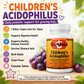 Bottle of Betsys Basics Childrens Acidophilus with grapes and daily probiotic support for growing kids logo