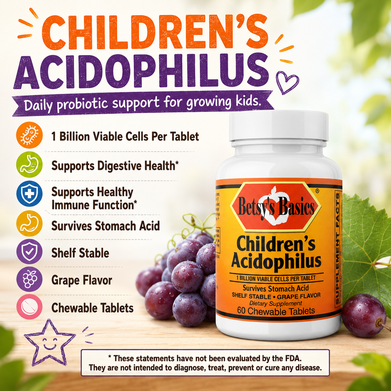 Bottle of Betsys Basics Childrens Acidophilus with grapes and daily probiotic support for growing kids logo