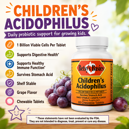 Bottle of Betsys Basics Childrens Acidophilus with grapes and daily probiotic support for growing kids logo