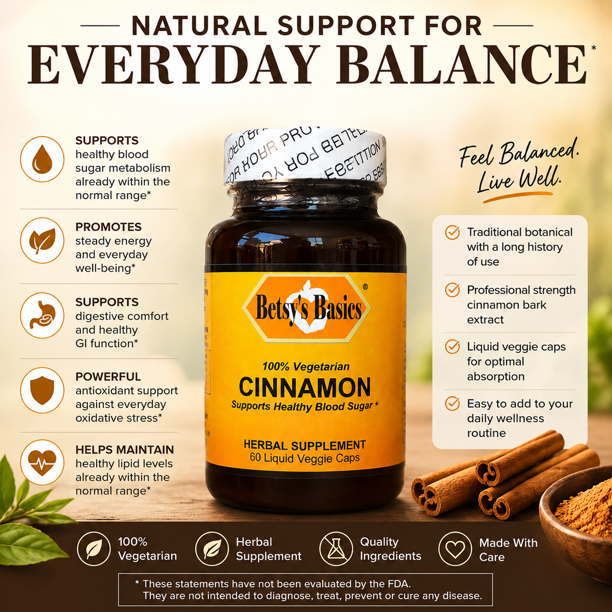 A supplement bottle of Betsys Basics Cinnamon Liquid Vcaps  natural support for everyday balance