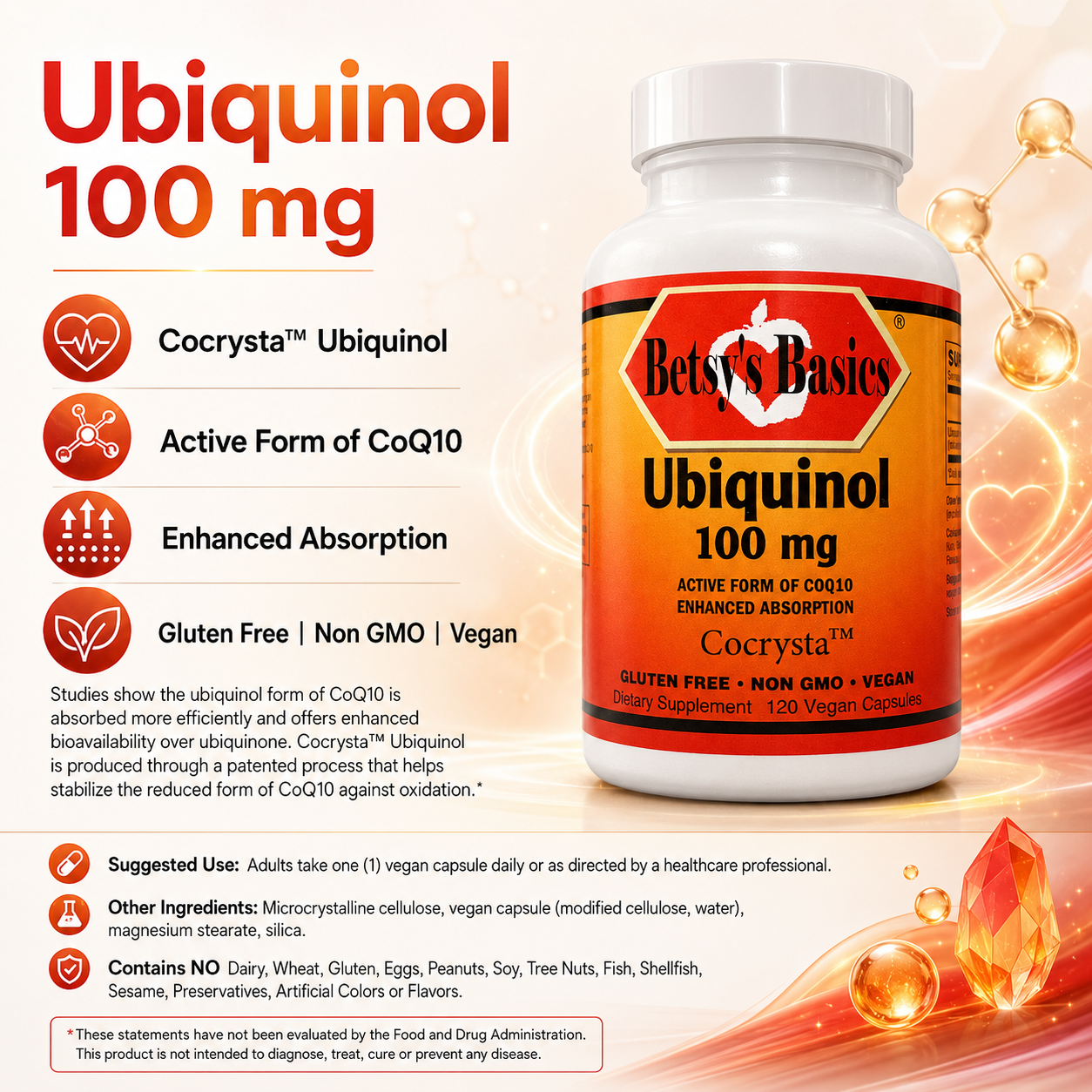 Betsys Basics Cocrysta Ubiquinol 100 mg Product Information Pic