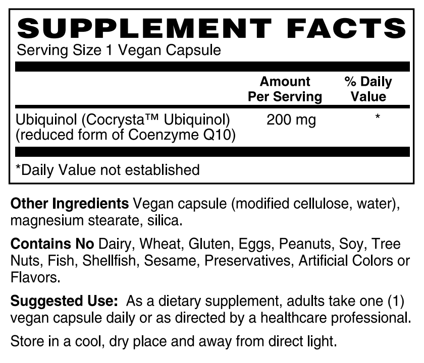 A close-up of a supplement facts label for a vegan capsule. The label shows Ubiquinol (Cocrysta» Ubiquinol) at 200 mg, with other ingredients listed below, including magnesium stearate, silica, and vegan capsules.