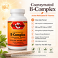 Betsy's Basics Coenzymated B-Complex dietary supplement bottle on a light beige background with informational text and icons about B-vitamins and vegan/certification features.