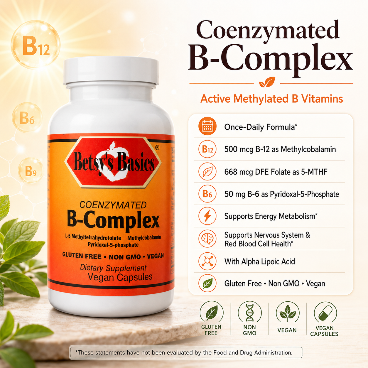 Betsy's Basics Coenzymated B-Complex dietary supplement bottle on a light beige background with informational text and icons about B-vitamins and vegan/certification features.
