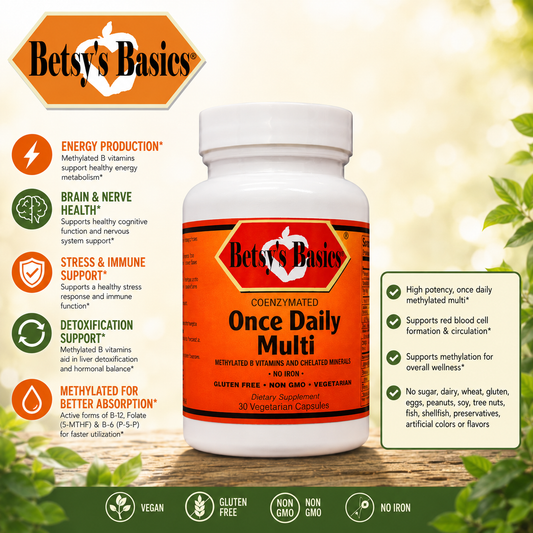 Betsy's Basics Once Daily Multi dietary supplement bottle shown on a wooden surface with a light beige background, featuring product details, benefits, and icons on both sides.