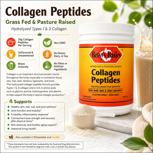 A bottle of Bet's Basics Collagen Peptides on the right, with a large informational graphic on the left detailing benefits, ingredients, and support claims. The bottle is orange and white, set against a background of creamy beige liquid and green leaves.