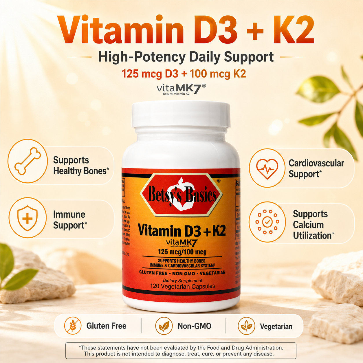 A bottle of VitaMK7 Vitamin D3 + K2 dietary supplement by Betty's Basics, set against a warm beige background with graphic callouts highlighting its health benefits.