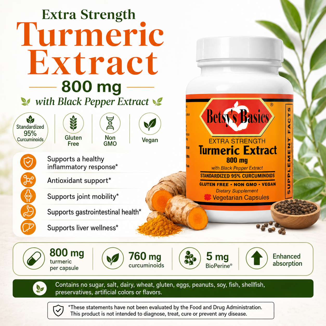 Betsy's Basics Extra Strength Turmeric Extract 800 mg dietary supplement bottle with a white cap, shown on a light beige background with product claims, turmeric root pieces, and a small bowl of black pepper.