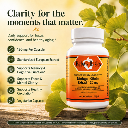 a bottle of Betsys Basics Ginkgo Biloba Extract 120 mg on a background with ginkgo leaves and key selling points