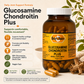 Betsy's Basics Glucosamine Chondroitin Plus herbal supplement bottle with veggie caps, shown alongside product benefits icons and natural ingredients on a light beige background.
