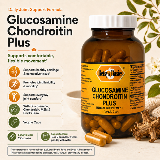 Betsy's Basics Glucosamine Chondroitin Plus herbal supplement bottle with veggie caps, shown alongside product benefits icons and natural ingredients on a light beige background.