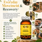 An informational marketing graphic for Betsy's Basics InfaCalm herbal supplement, featuring a large bottle of amber liquid with a gold label in the center, surrounded by lifestyle photos of people exercising, working, and walking. The graphic includes text detailing the benefits of daily movement and recovery support, set against a light beige background with decorative botanical borders.