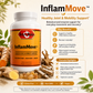 Betsy's Basics InflammMove dietary supplement bottle shown with ginger root props and marketing text on a light beige background.