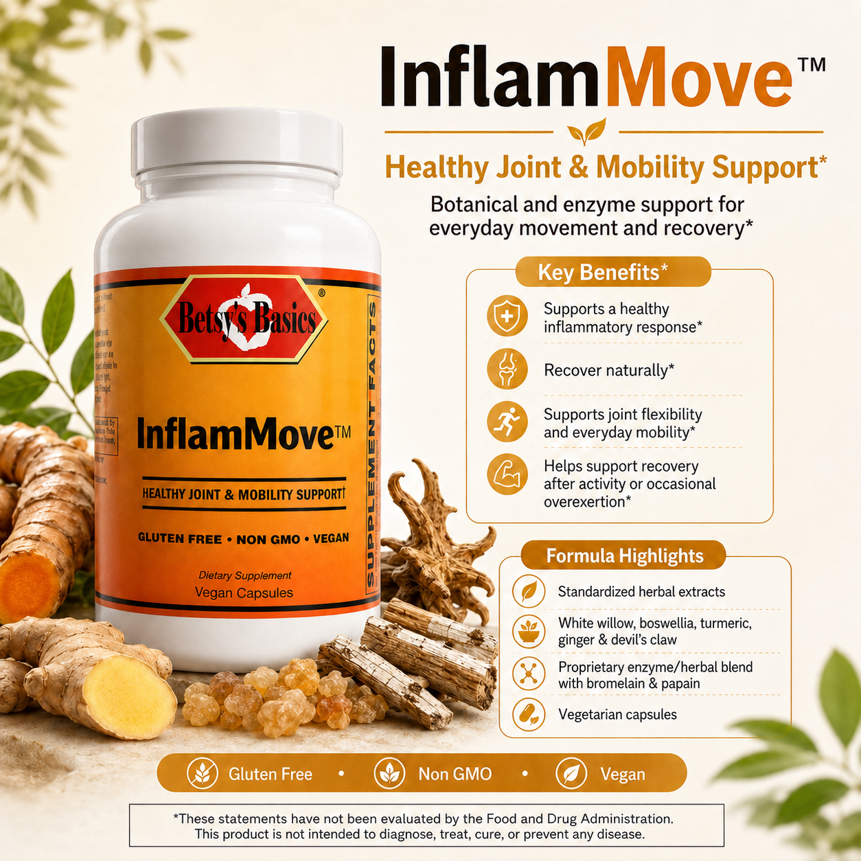 Betsy's Basics InflammMove dietary supplement bottle shown with ginger root props and marketing text on a light beige background.