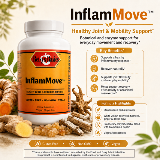 Betsy's Basics InflammMove dietary supplement bottle shown with ginger root props and marketing text on a light beige background.