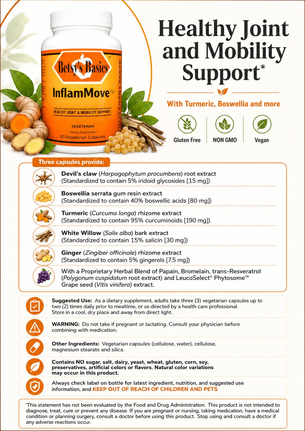 A product information sheet for Betsy's Basic InflamMove, highlighting 'Healthy Joint and Mobility Support' with turmeric and boswellia. The sheet includes a bottle of the capsules, illustrations of ingredients (turmeric root, white willow bark, ginger, boswellia), a list of three capsule types, suggested use, warnings, and an ingredients list on a white background.
