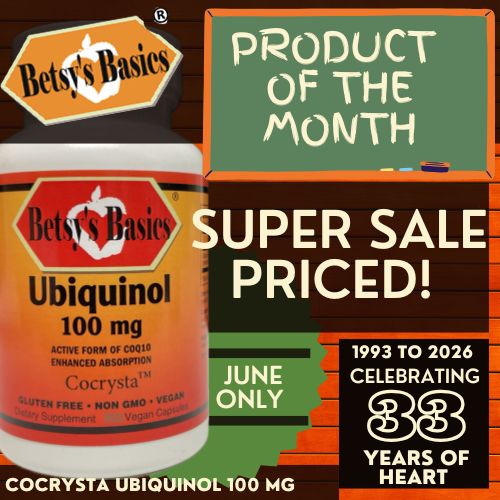 Betsy's Basics Ubiquinol supplement with promotional text on a wooden background