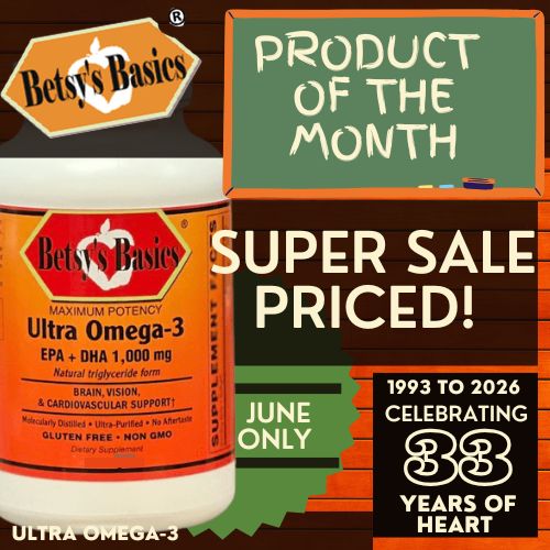 Betsy's Basics Ultra Omega-3 supplement with promotional text on a green chalkboard background
