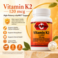 A bottle of Betsy's Basics Vitamin K2 120 mcg dietary supplement on a warm beige background with orange text and icons describing health benefits. The bottle is white with an orange and red label.