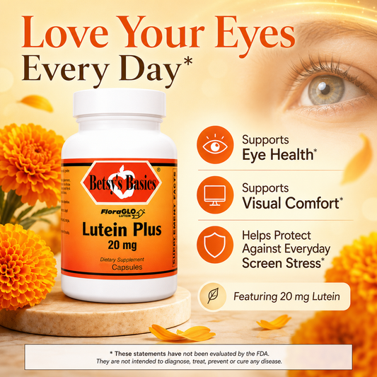 Betsy's Basics Lutein Plus 20 mg dietary supplement bottle displayed on a wooden stand with orange marigold flowers. The background features a close-up of a human eye and text highlighting eye health benefits.