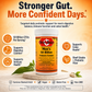 A bottle of Best's Basics Men's 50 Billion Probiotic Formula centered on an orange and beige promotional graphic with text callouts about gut health, digestive comfort, colon health, immune health, shelf stability, and dietary attributes.