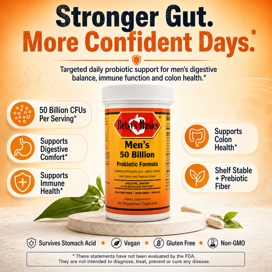 A bottle of Best's Basics Men's 50 Billion Probiotic Formula centered on an orange and beige promotional graphic with text callouts about gut health, digestive comfort, colon health, immune health, shelf stability, and dietary attributes.