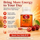 Betty's Basics Methyl B-12 1,000 mcg coenzyme form in cherry flavor, shown as a white bottle with a red and yellow label alongside two cherry capsules and fresh cherries on a wooden surface. The background is a warm orange gradient with text highlighting benefits like cellular energy production, healthy nerve function, red blood cell production, and vegan formulation.