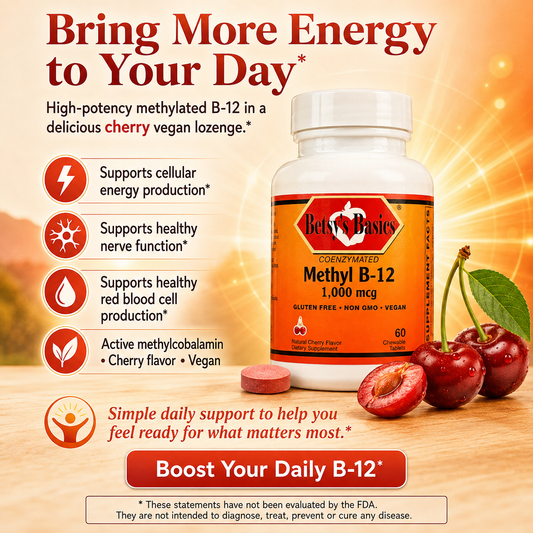 Betty's Basics Methyl B-12 1,000 mcg coenzyme form in cherry flavor, shown as a white bottle with a red and yellow label alongside two cherry capsules and fresh cherries on a wooden surface. The background is a warm orange gradient with text highlighting benefits like cellular energy production, healthy nerve function, red blood cell production, and vegan formulation.