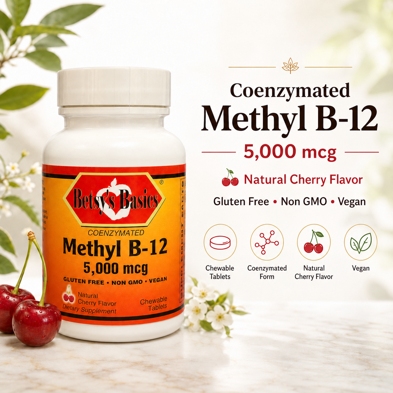Betsy's Basics Coenzyme Methyl B-12 5,000 mcg chewable tablets in a white plastic bottle with an orange and red label, shown on a light marble surface with cherries and decorative white flowers. Text on the right describes the product as natural cherry flavor, gluten free, non GMO, and vegan.