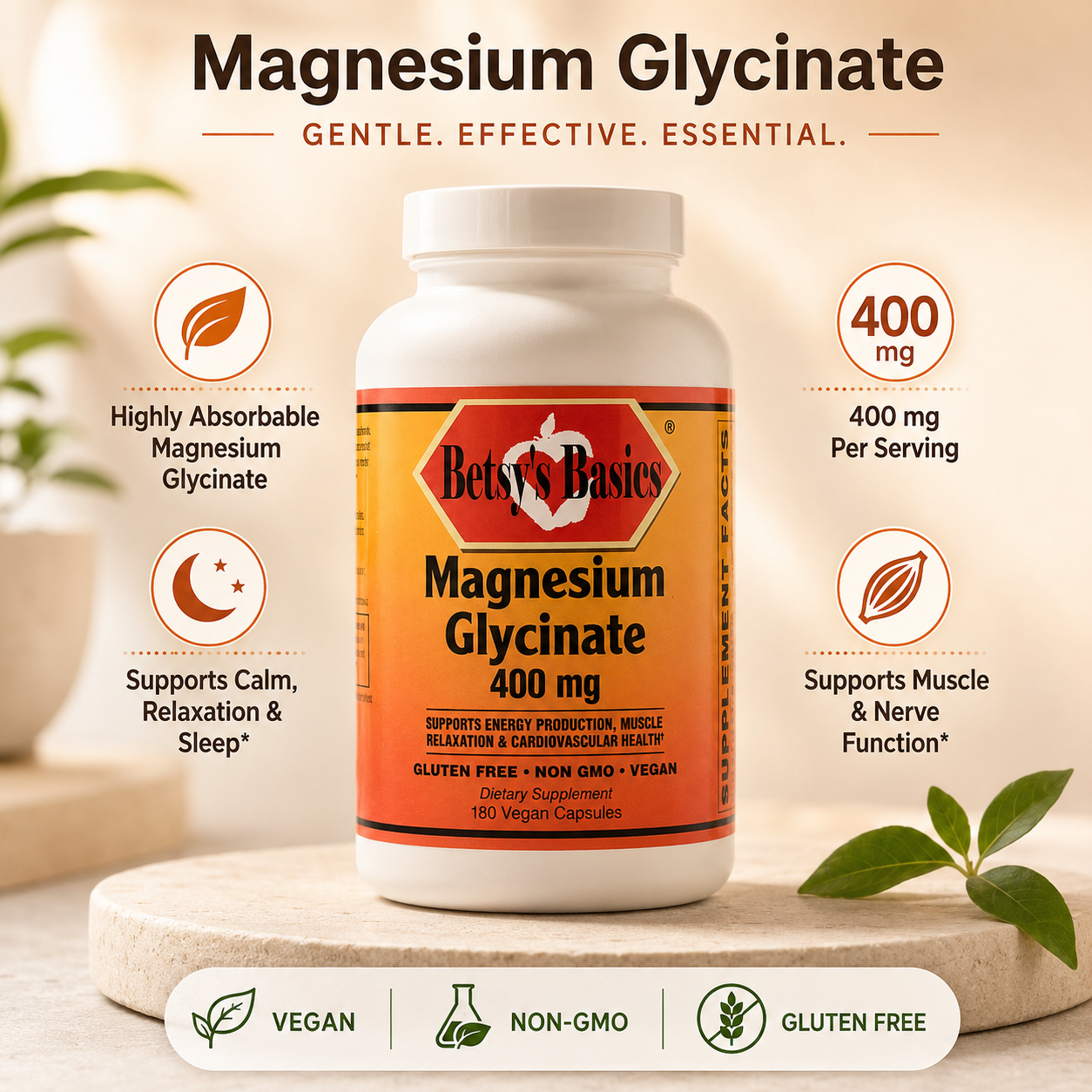 A bottle of Betty's Basics Magnesium Glycinate 400 mg dietary supplement centered on a light beige background with decorative leaves and informational callouts around it.