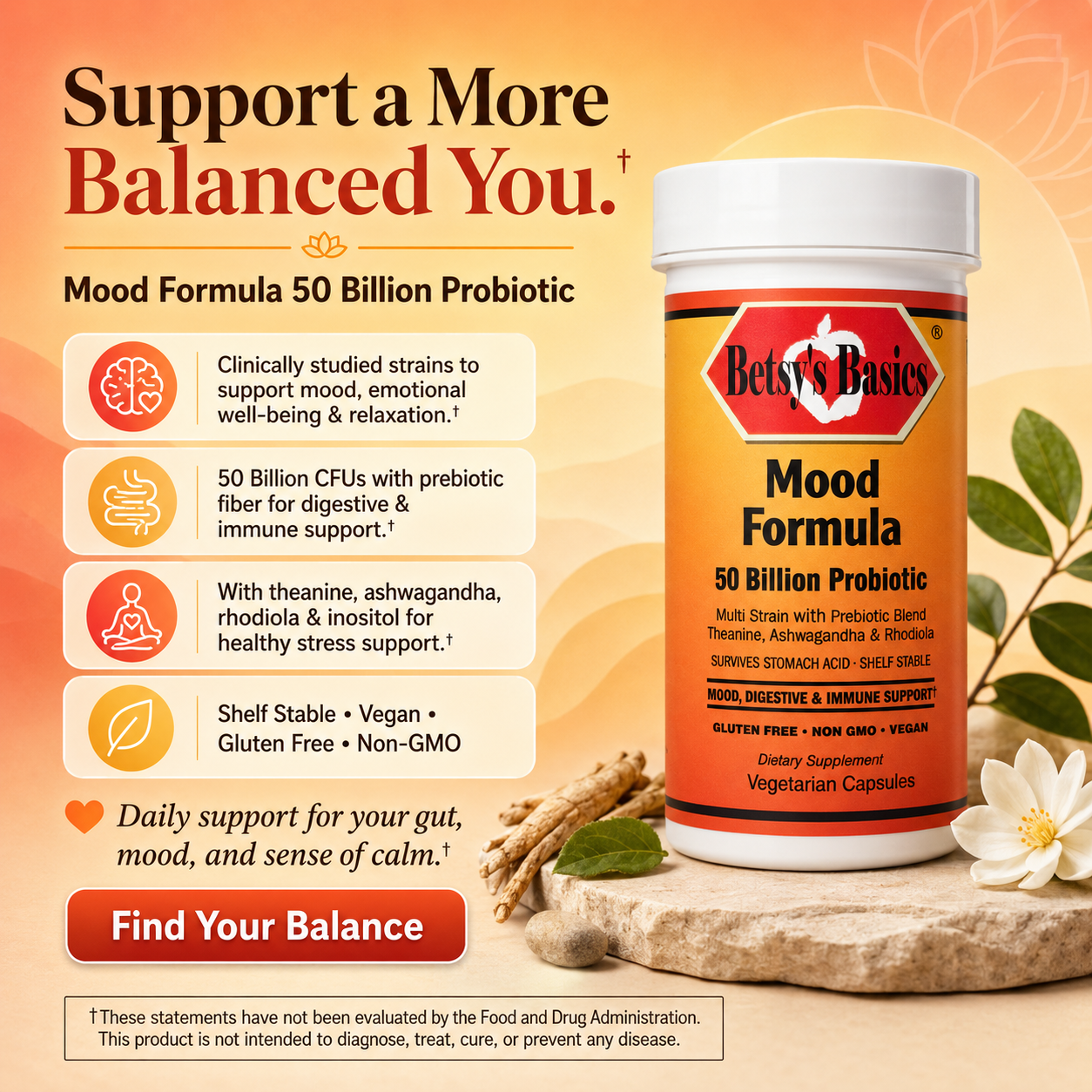 Betsy's Basics Mood Formula 50 Billion Probiotic supplement bottle shown on a warm beige background with promotional text, icons, and natural props including a stone slab, green leaves, and a white flower.