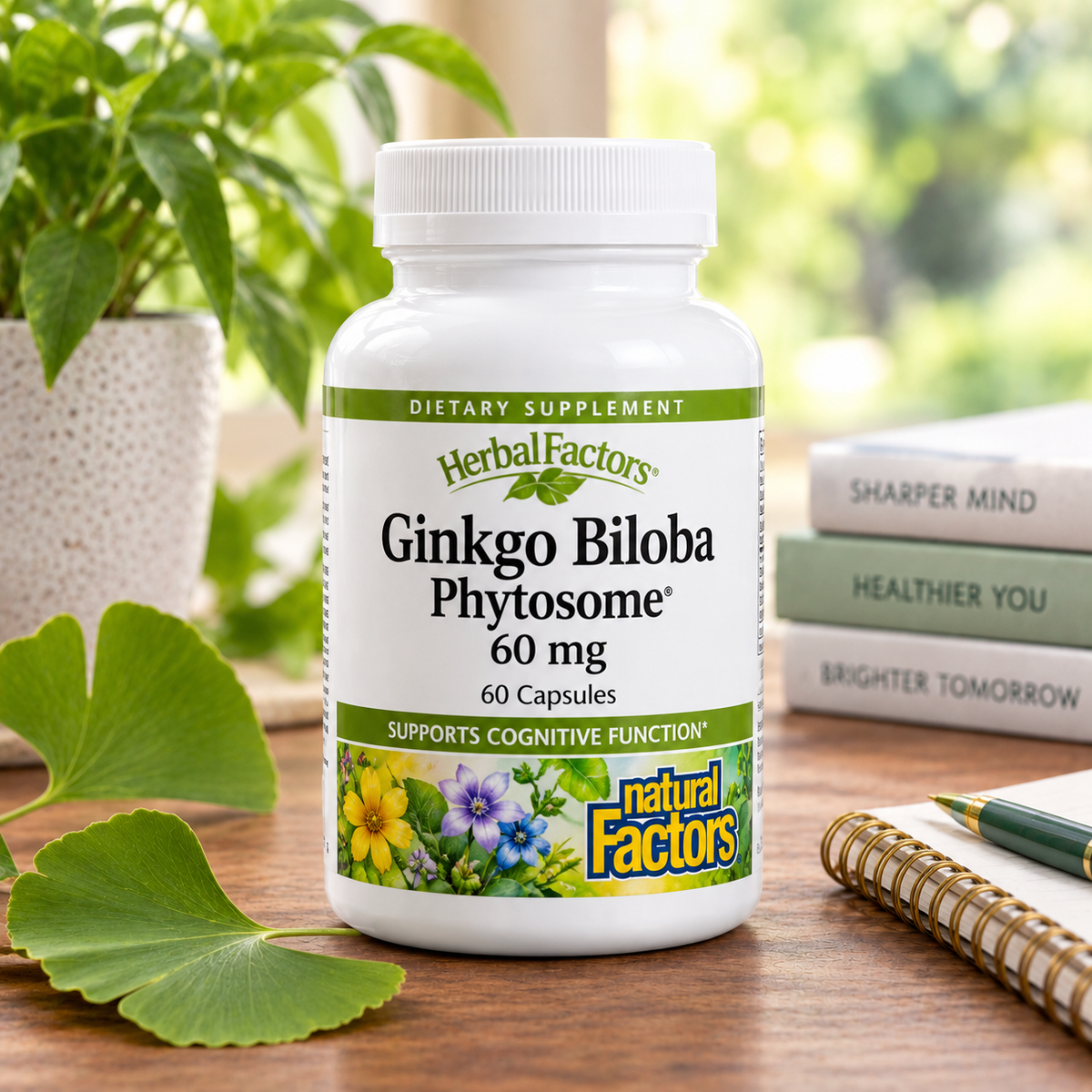 A bottle of HerbalFactors Ginkgo Biloba Phytosome dietary supplement capsules, placed on a wooden table with a potted plant, books, and a notebook in a bright, natural setting.