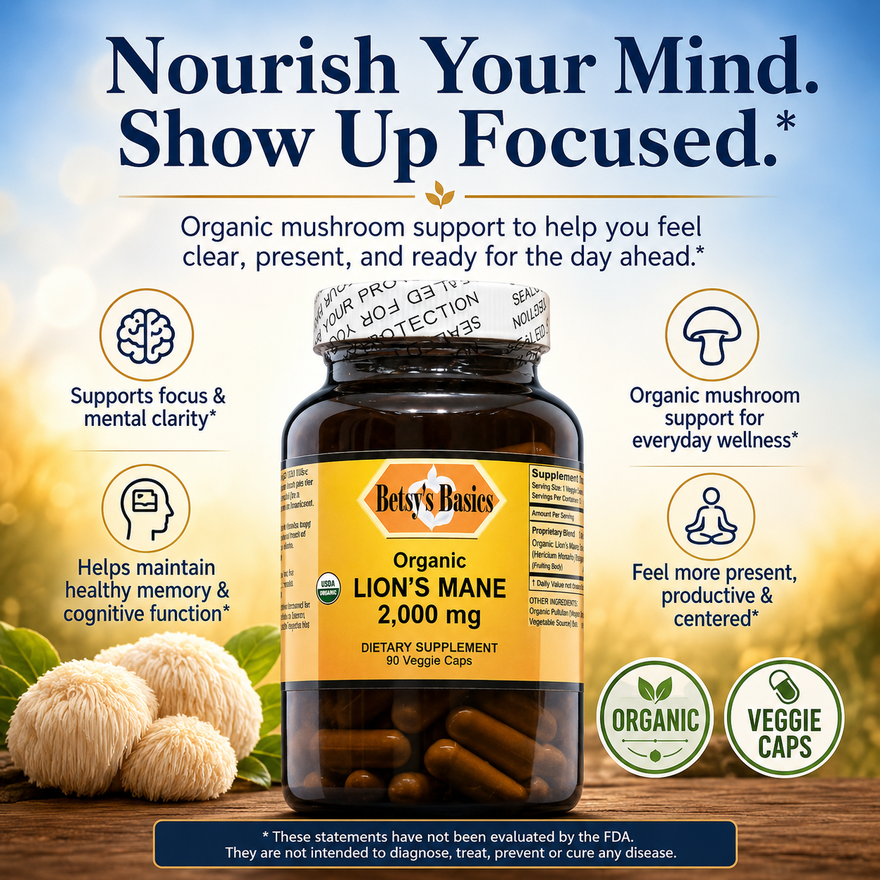 Betsy's Basics Organic Lion's Mane 2,000 mg dietary supplement bottle, shown in a promotional graphic with text callouts, mushroom illustrations, and a white background.