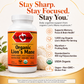 A bottle of Bet's Basics Organic Lion's Mane dietary supplement on a cream background with marketing text and icons about memory, focus, and brain health.