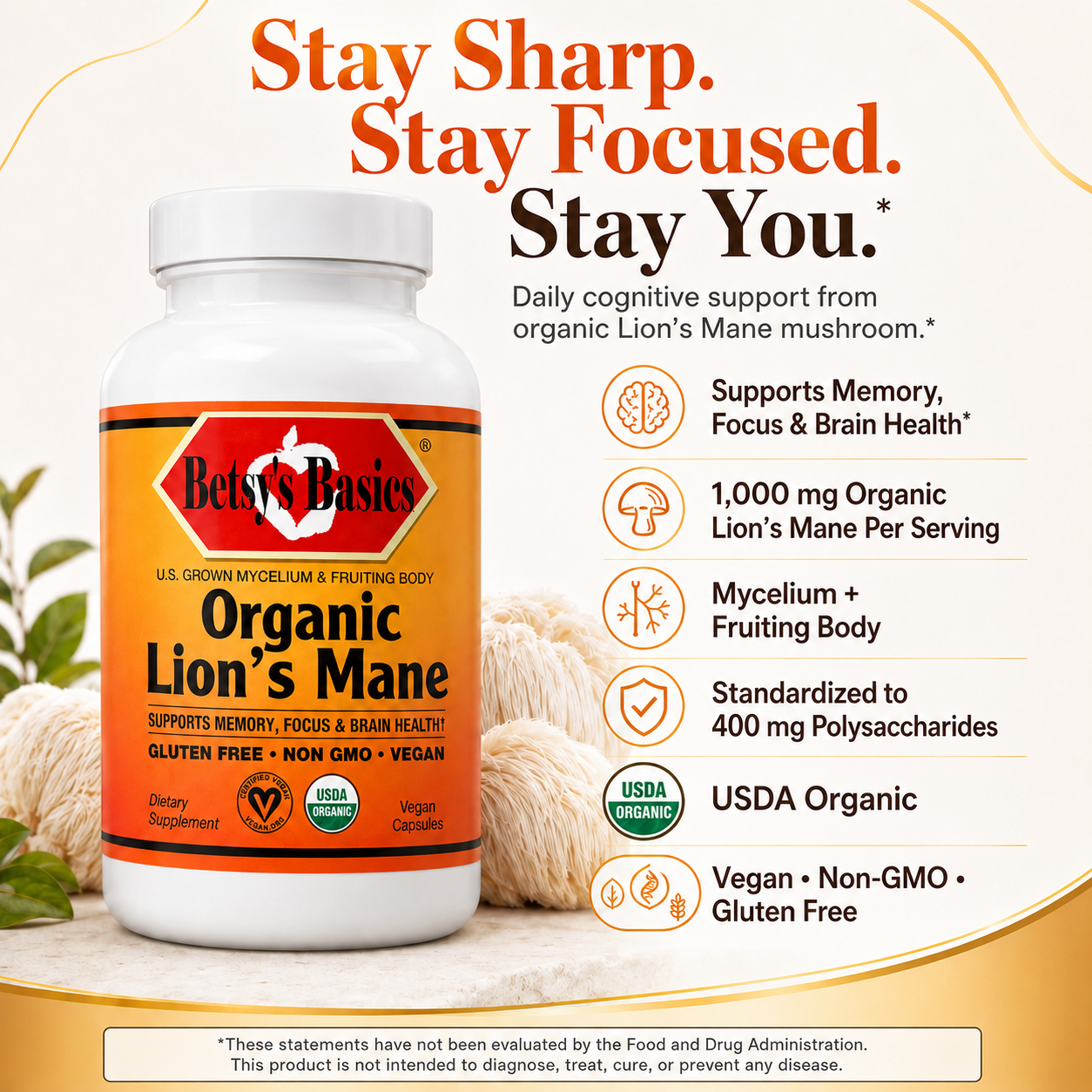A bottle of Bet's Basics Organic Lion's Mane dietary supplement on a cream background with marketing text and icons about memory, focus, and brain health.