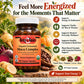 Betsy's Basics Organic Fermented Maca Complex dietary supplement bottle, 60 vegan capsules, displayed on a rustic background with fresh maca roots, pumpkins, and herbs, accompanied by product benefits and support badges.