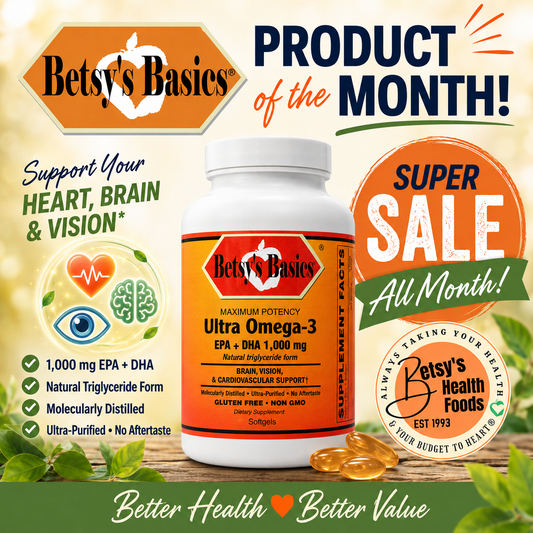 Betsy's Basics Ultra Omega-3 supplement bottle with capsules, surrounded by promotional sale graphics and health benefit icons on a warm beige background. Save 30 percent off regular retail this September with sale price + extra 5 percent discount