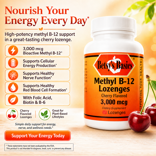 Betsy's Basics Methyl B-12 Lozenge dietary supplement bottle, cherry flavored, 3,000 mcg, shown on a warm wooden background with promotional text and cherry graphics.