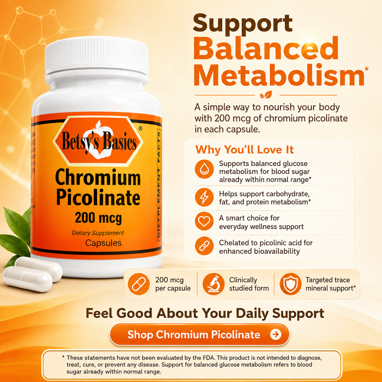 An orange promotional graphic for Betsy's Basics Chromium Picolinate dietary supplement. A white bottle with an orange label is shown on the left, with white capsules in front.