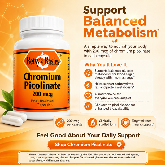 An orange promotional graphic for Betsy's Basics Chromium Picolinate dietary supplement. A white bottle with an orange label is shown on the left, with white capsules in front.