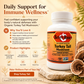 A bottle of Betsy's Basics Turkey Tail Mushroom Immune Support dietary supplement shown on a warm beige promotional background with text callouts, mushroom slices, and a small plant sprig.