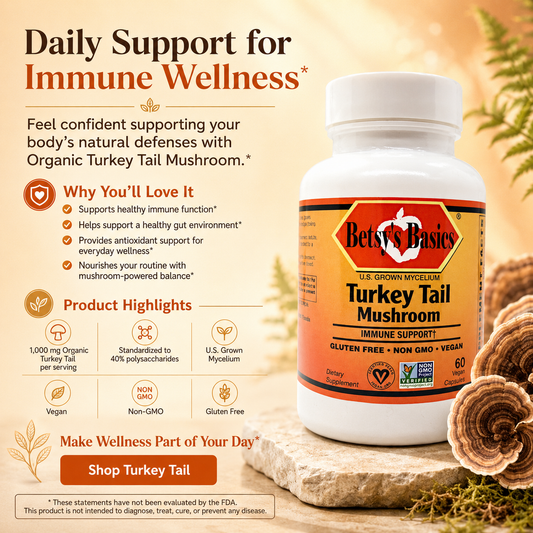 A bottle of Betsy's Basics Turkey Tail Mushroom Immune Support dietary supplement shown on a warm beige promotional background with text callouts, mushroom slices, and a small plant sprig.