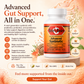 A bottle of Betty's Basics Advanced Gut Support dietary supplement centered on a warm beige and orange promotional background with text callouts and ingredient badges.